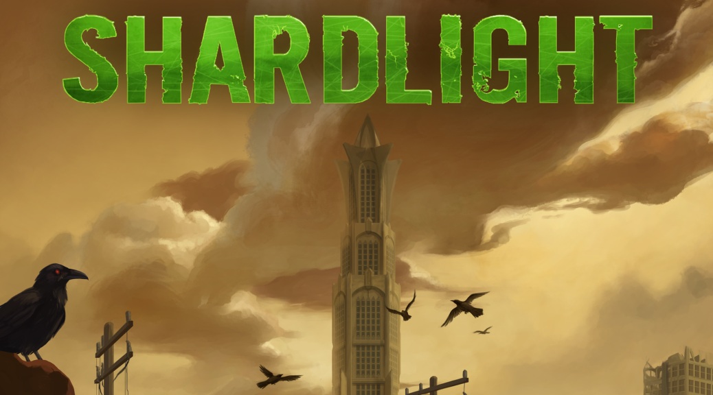 Shardlight, video game, box art, title, crows, sky, skycraper,clouds